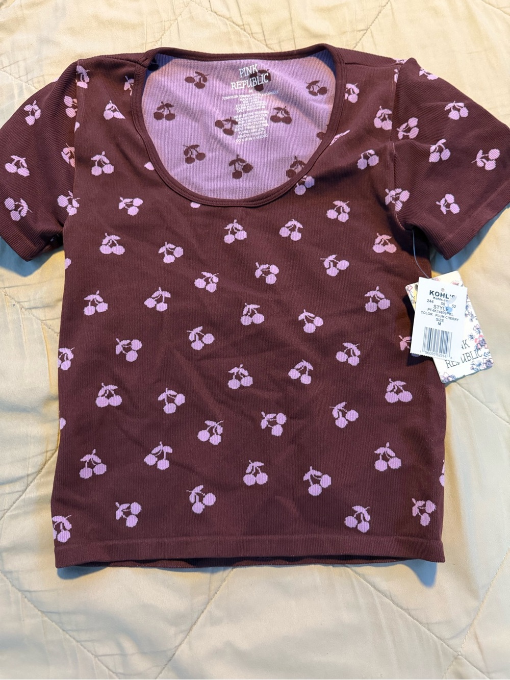 Pink Republic Plum Tee with Light Pink Cherry Pattern